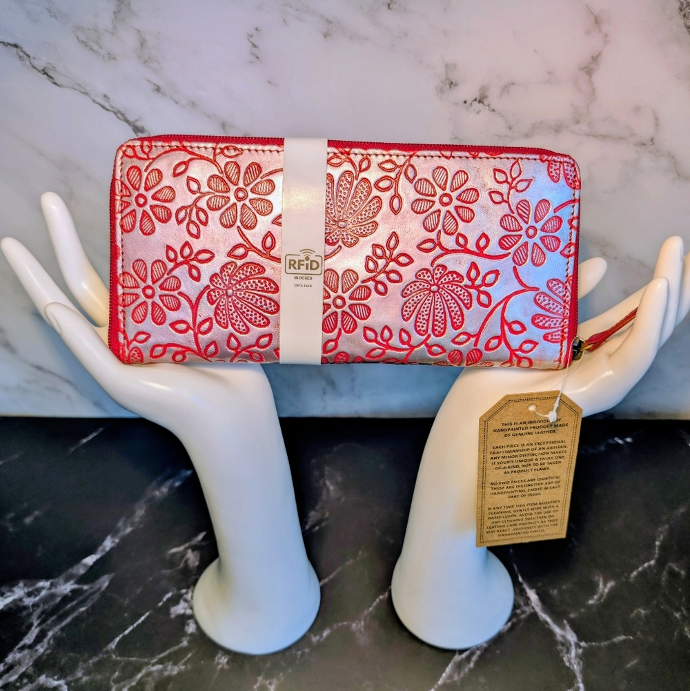 Sukriti Hand Painted Embossed Leather Wallet With RFID Protection